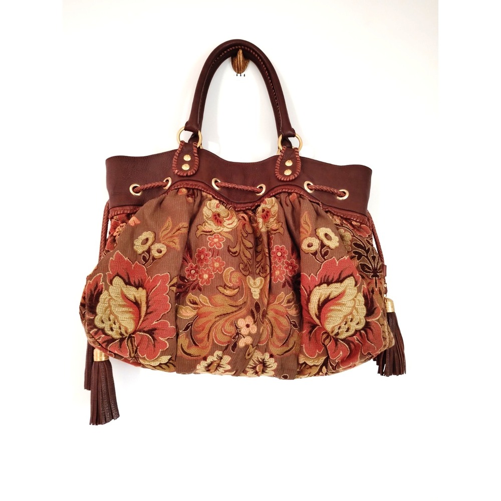 Isabella Fiore Floral Tapestry Satchel Handbag Brown Leather Trim Boho VTG Purse - Picture 5 of 16